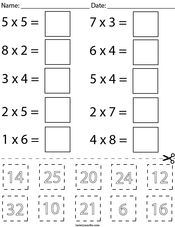 Multiplication Cut and Paste Math Worksheet - Twisty Noodle